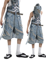 Washed Ripped Denim Shorts with Straps
