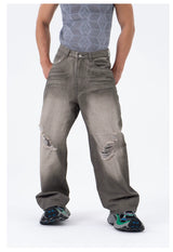 Men's Gray Vintage Distressed Wide-Leg Jeans