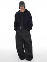 Pleated Low Rise Raw Denim Jeans