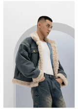 Unisex Vintage Faux Shearling Denim Puffer