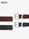 Unisex Rectangular Brass Buckle Leather Belt