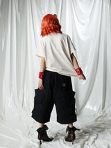 Adjustable Black Plaid Cropped Cargo Shorts