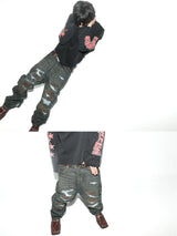 Black Distressed Leather Patch Straight-Leg Jeans