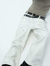 White Double Waistband Studded Straight Jeans