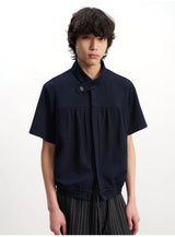 Navy Blue Pleated Short Sleeve Shirt