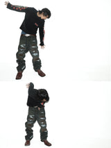 Black Distressed Leather Patch Straight-Leg Jeans