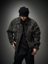 Loose Heavy Washed Distressed Denim Jacket