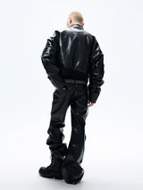 Cropped Glossy Pleated Leather Puffer Coat