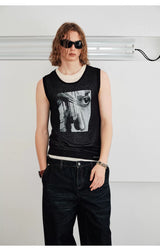 Men's Sleeveless Printed Linen-like Zip Vest