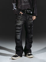 Flared Washed Distressed Patchwork Jeans