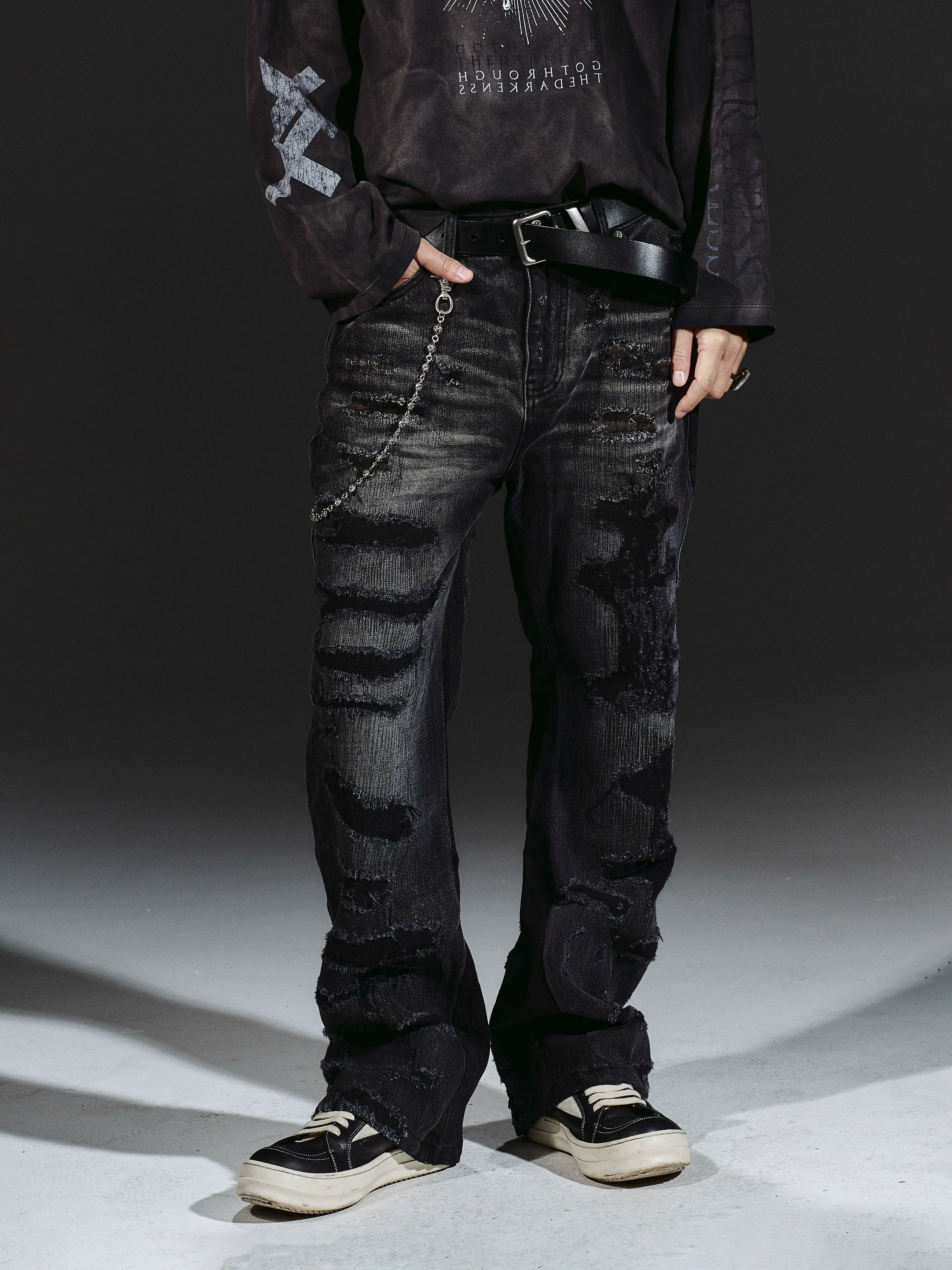 Flared Washed Distressed Patchwork Jeans