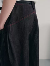 Pleated Curved Cropped Denim Shorts