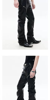 Slim Curved Leather Pants with Zippers
