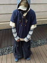 Three-In-One Four-Color Striped Beaded Long Tee