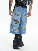 American Street Cartoon Printed Denim Shorts
