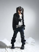 Dark Blue Whiskered Leather Straight-Leg Jeans