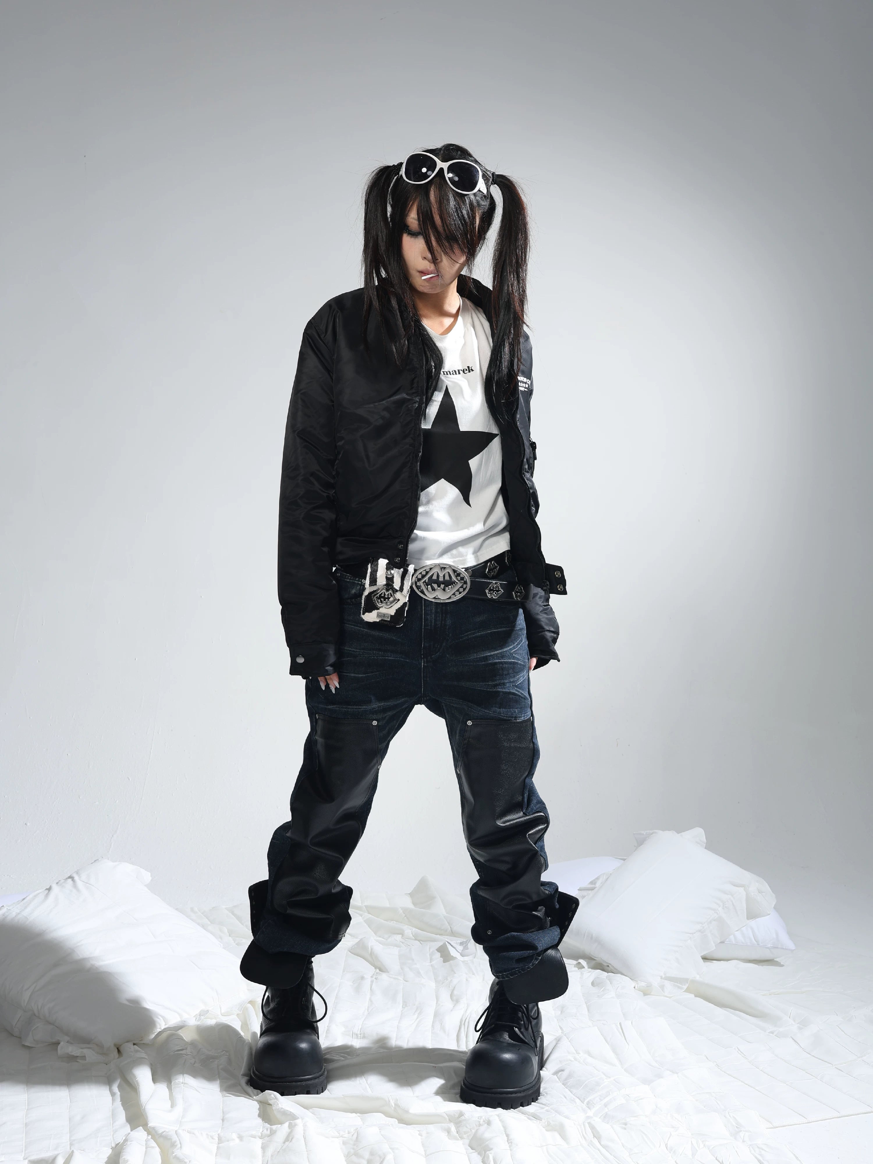 Dark Blue Whiskered Leather Straight-Leg Jeans