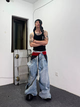 Double Waistband Drawstring Washed Blue Jeans