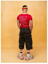 Red White Ruffled Cropped V-Neck Tee