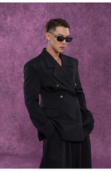 Casual Black Striped Padded Blazers