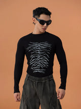 Skeleton Print Ribbed Fitted Long-Sleeve Tee