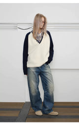 Men's Loose Colorblock V-neck Wool Sweater