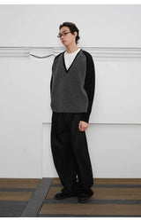 Men's Loose Colorblock V-neck Wool Sweater