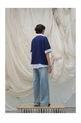 Washed Semi-Zip Relaxed Straight Leather-Patch Jeans