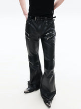 Black Zipped Coated Flared Leather Pants