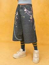 Unisex Blue Chain Print Cropped Jeans