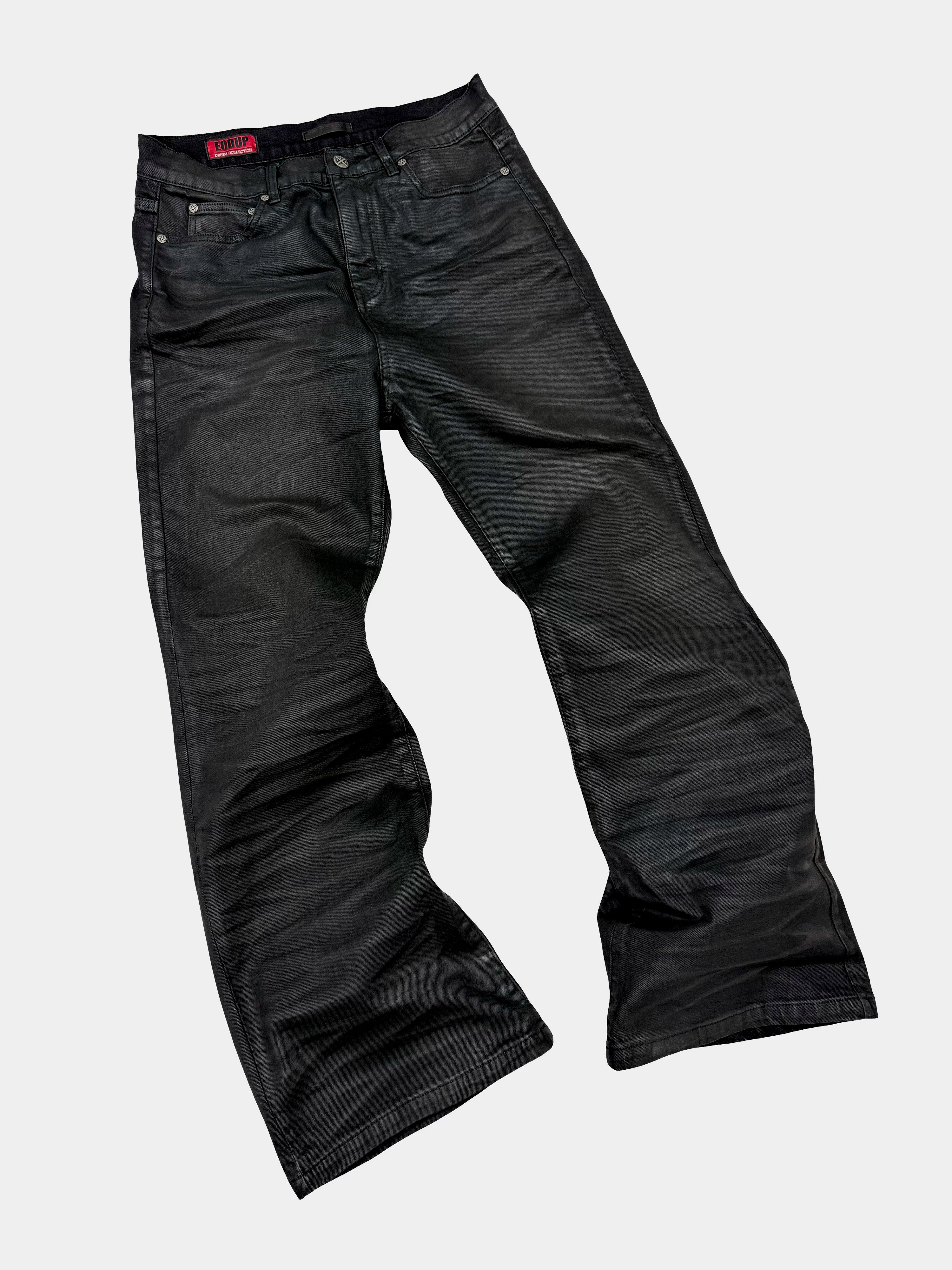 Washed Waxed Snakeskin Flared Jeans