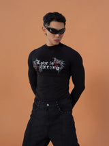 Black Gothic Print Fitted Long-Sleeve Tee