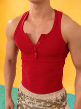 Red White Button Slit Sports Vest