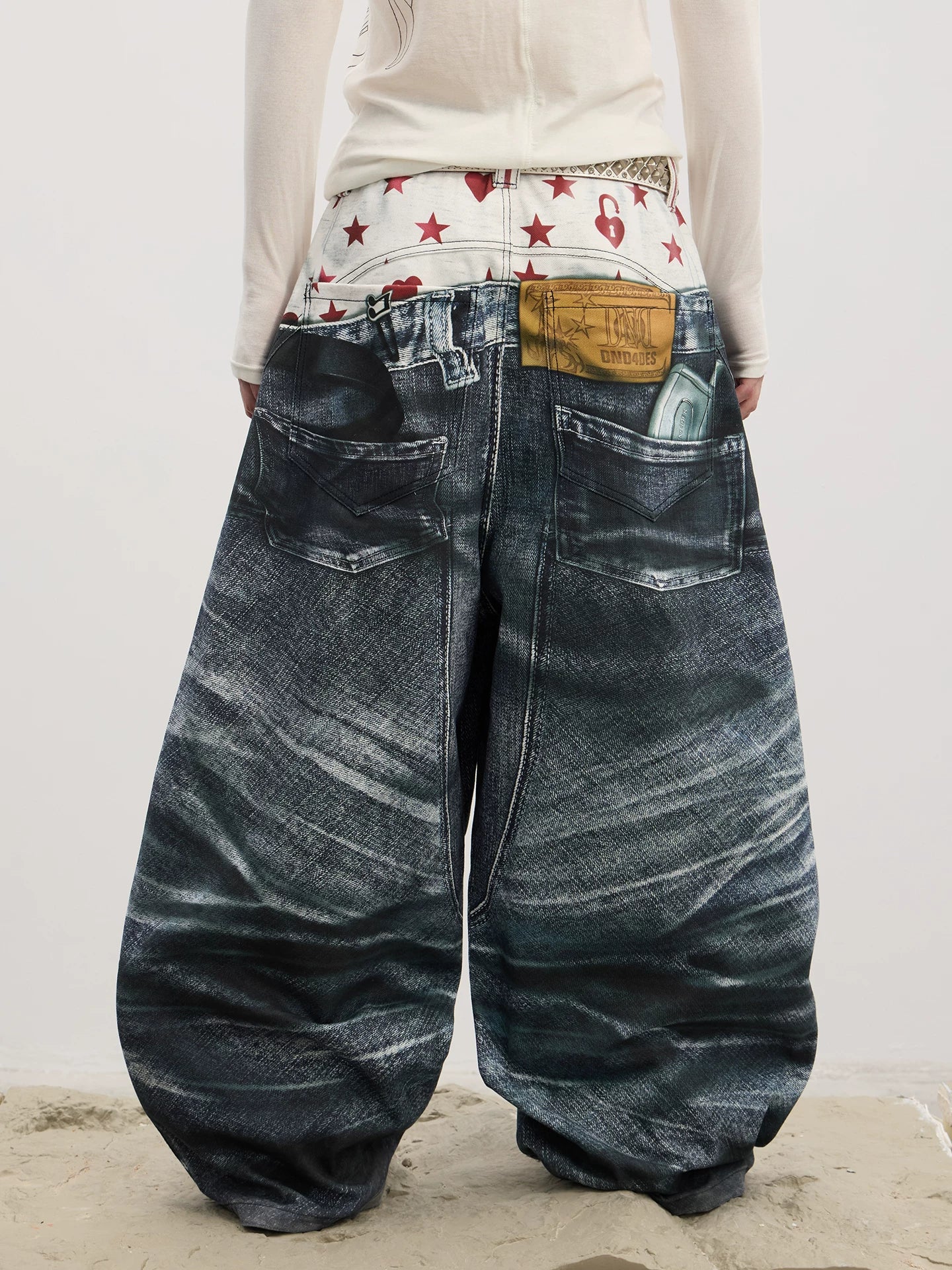 Double Waistband 3D Printed Baggy Jeans