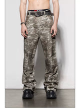 Rugged Distressed Camo Flare Cargo Pants