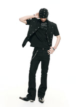 Waist-Cinched Padded Rivet Short-Sleeve Shirts