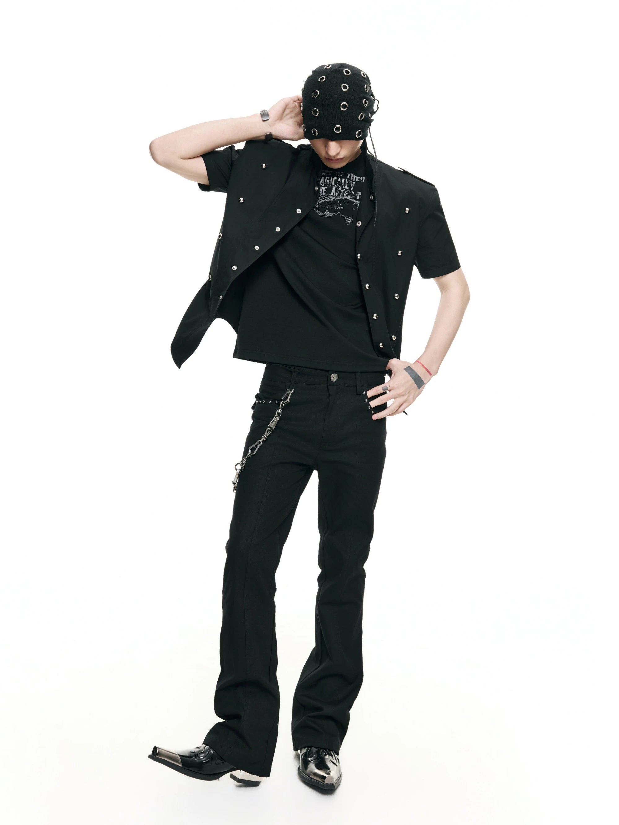Waist-Cinched Padded Rivet Short-Sleeve Shirts