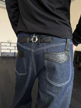 Navy Embossed PU Patchwork Flared Jeans