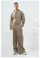 Gray Khaki Corduroy Embroidered Striped Zip-Hoodie