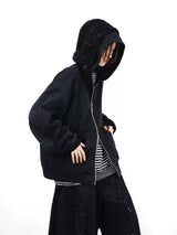 Detachable Dual Hood Rhinestone Zip Hoodie