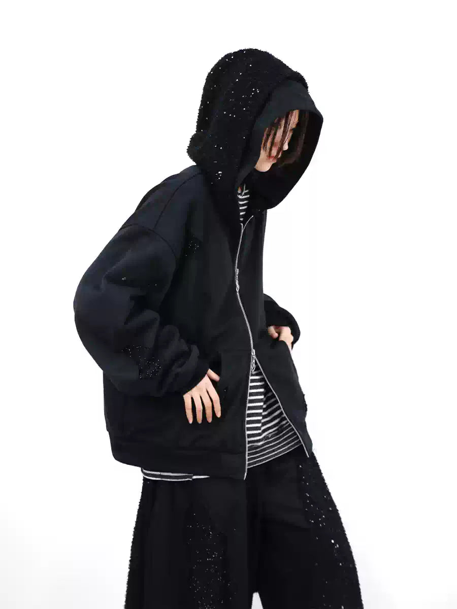 Detachable Dual Hood Rhinestone Zip Hoodie