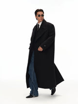 Men's Long Black Double-breasted Wool Coat