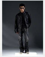 Dark Zip-Up Padded Biker Leather Jacket