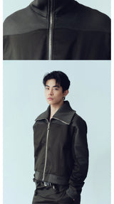 Army Green Ribbed Zip Lapel Jacket
