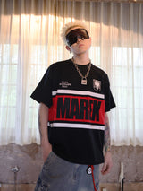 Black White Red Striped Embroidered Tee
