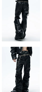 Black Loose Ruched Flare Leather Pants