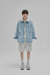 14Oz Washed Denim Asymmetric-Pocket Shirt Jacket