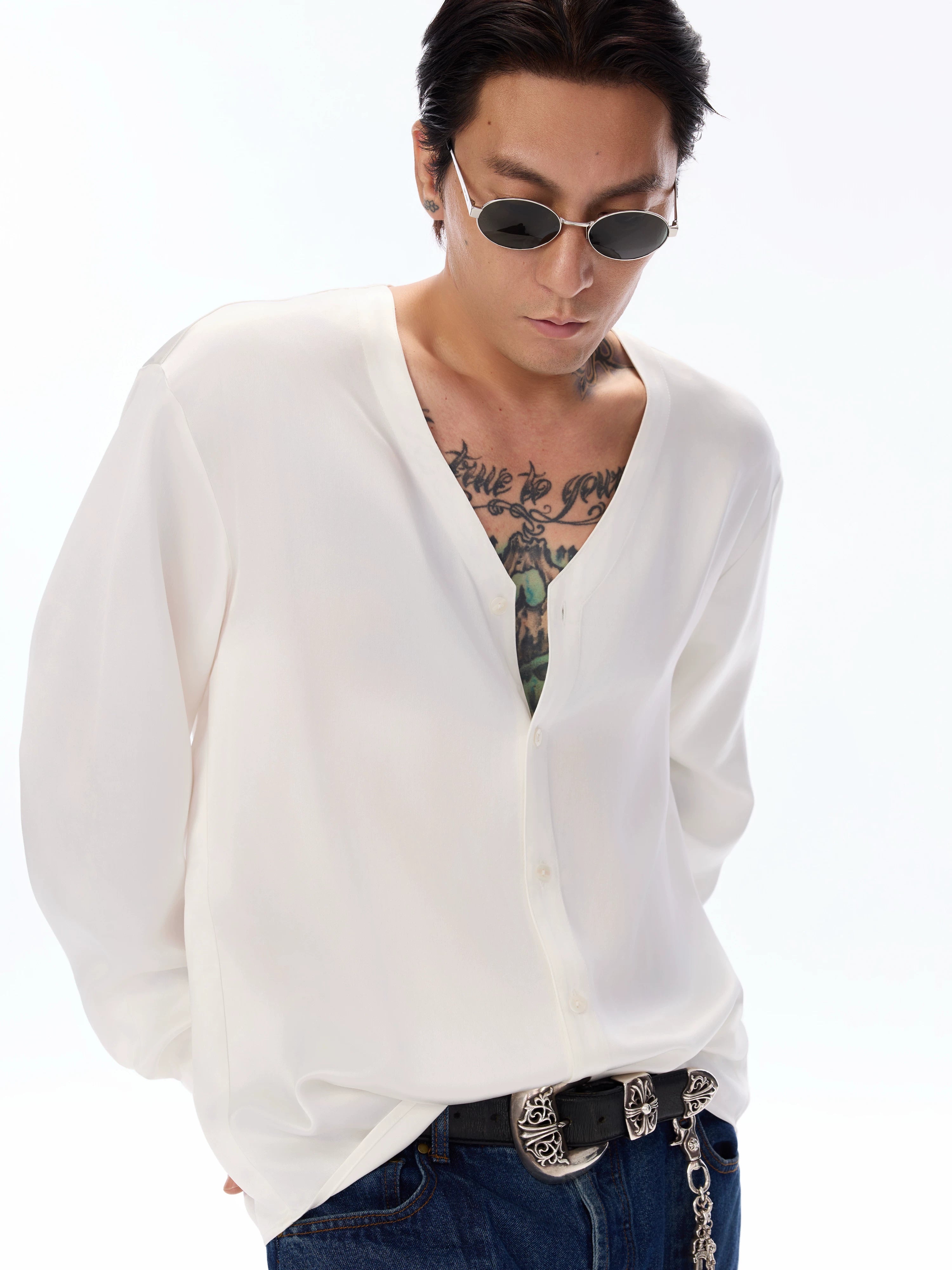 Satin V-Neck Acetate Long-Sleeve Shirt