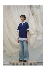 Washed Semi-Zip Relaxed Straight Leather-Patch Jeans