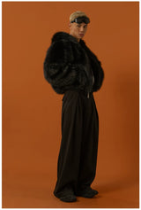 Black Red Hooded Faux Fur Coat